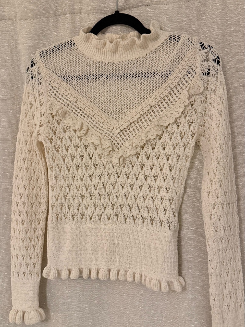 Zara Cream Ruffle Openwork Knit Turtleneck Sweater